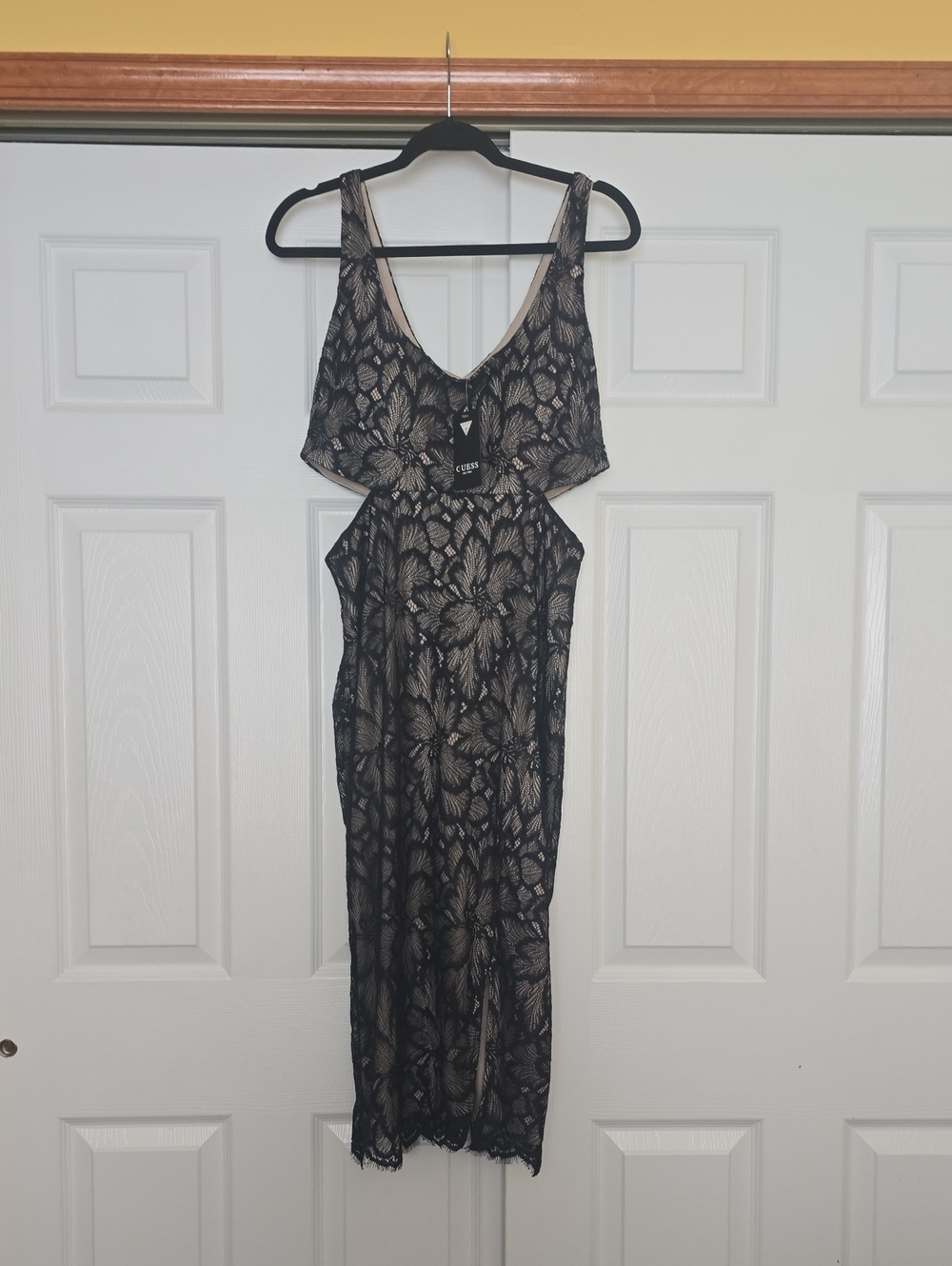 Black Lace Cutout Midi Dress With Zip Back And Left Leg Slit Size 10 NWT